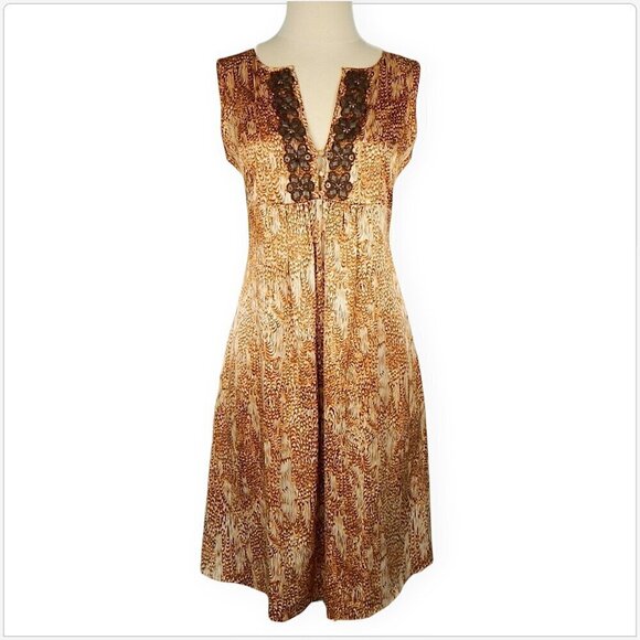 Beth Bowley Anthropologie Animal Print Silk Empire Brushed Copper Beaded Dress 4 - Picture 3 of 6